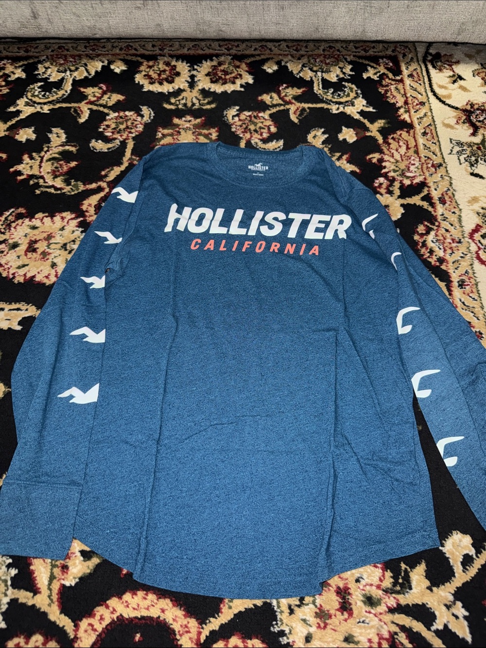 Hollister Blue Long Sleeve Graphic Tee with Sleeve Logos